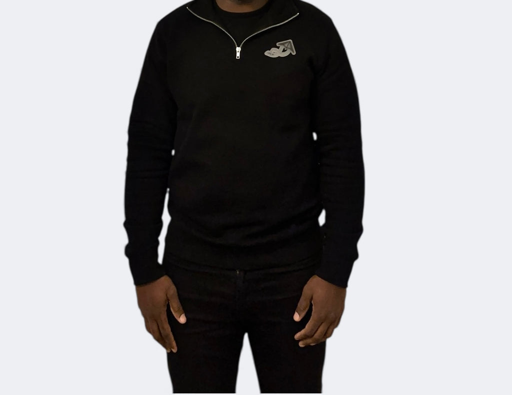 Black Lux Patched Quarter Zip Sweater