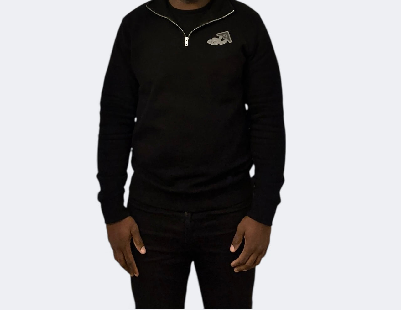 Black Lux Patched Quarter Zip Sweater